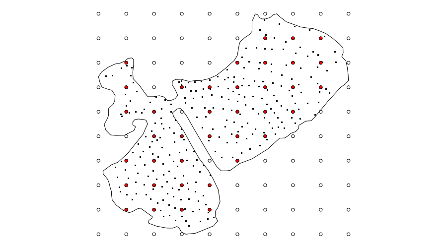 Illustration of the knot selection procedure. The large circles are the locations of the sparse regular grid of points over the bounding box of the data. The filled red circles are those grid points that are found inside the lake boundary and thus chosen as knots for the soap-film smoother. The small black dots are the locations of the observed depth data.